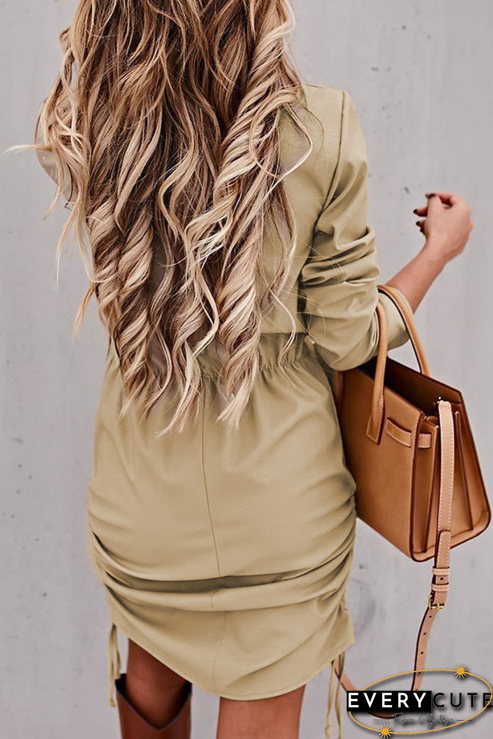 Long Sleeve Drawstring Ruched Mini Dress
