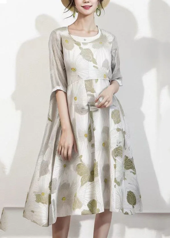 French Apricot O-Neck Print Silk Long Dress Summer