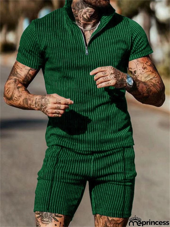 Men's Vertical Stripe Short Sleeve Pullover Loose Sets for Holiday