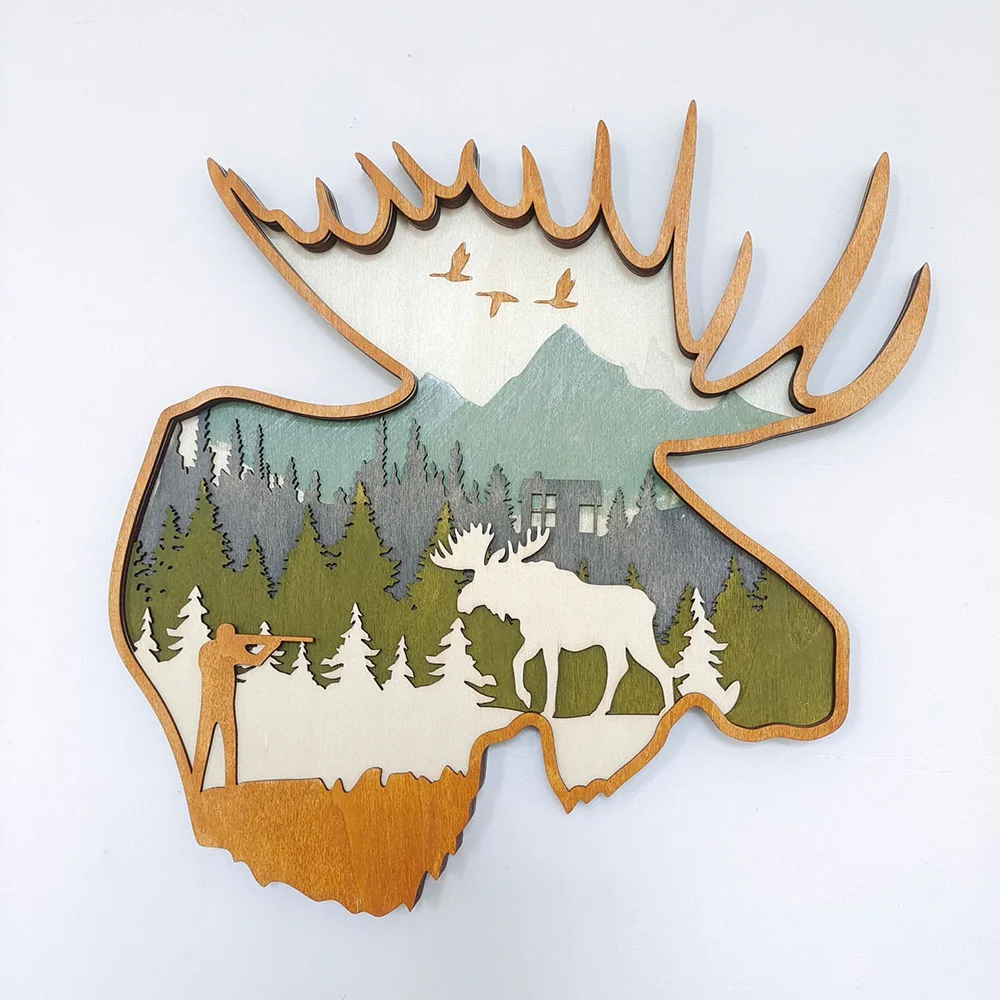 Purexcellent™ New creative home desktop wood carving moose head handicraft decoration