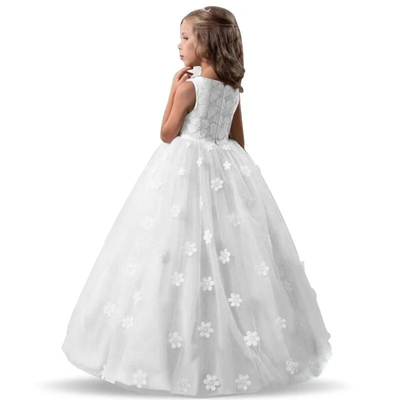 White Flower Girls Dresses For Wedding Tulle Lace Long Girl Dress Party Christmas Dress Children Princess Costume For Kids 12T