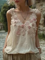 Bohemian Retro Pink Floral Pattern Women's Sleeveless Thin Shoulder Strap Vest