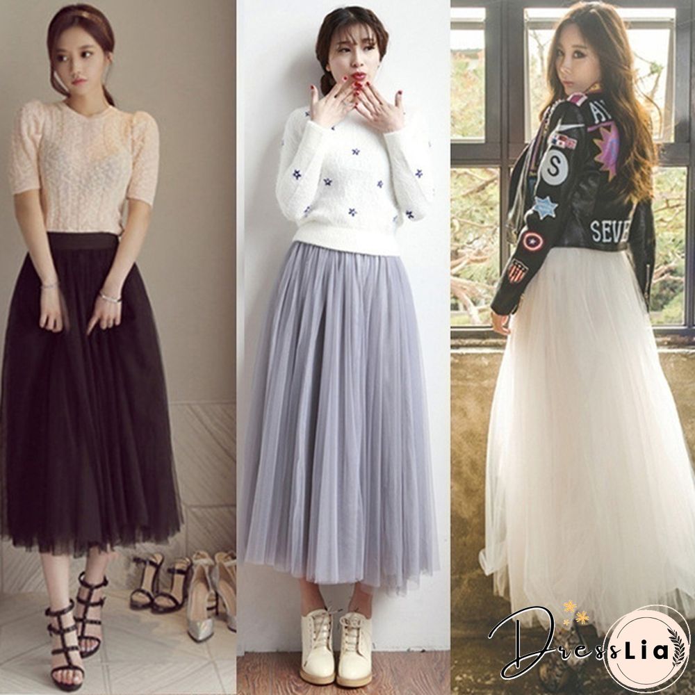 Three-Layer Fashion Tulle Skirts Women Summer Elastic High Waist Long Mesh Skirt Maxi Pleated Skirt