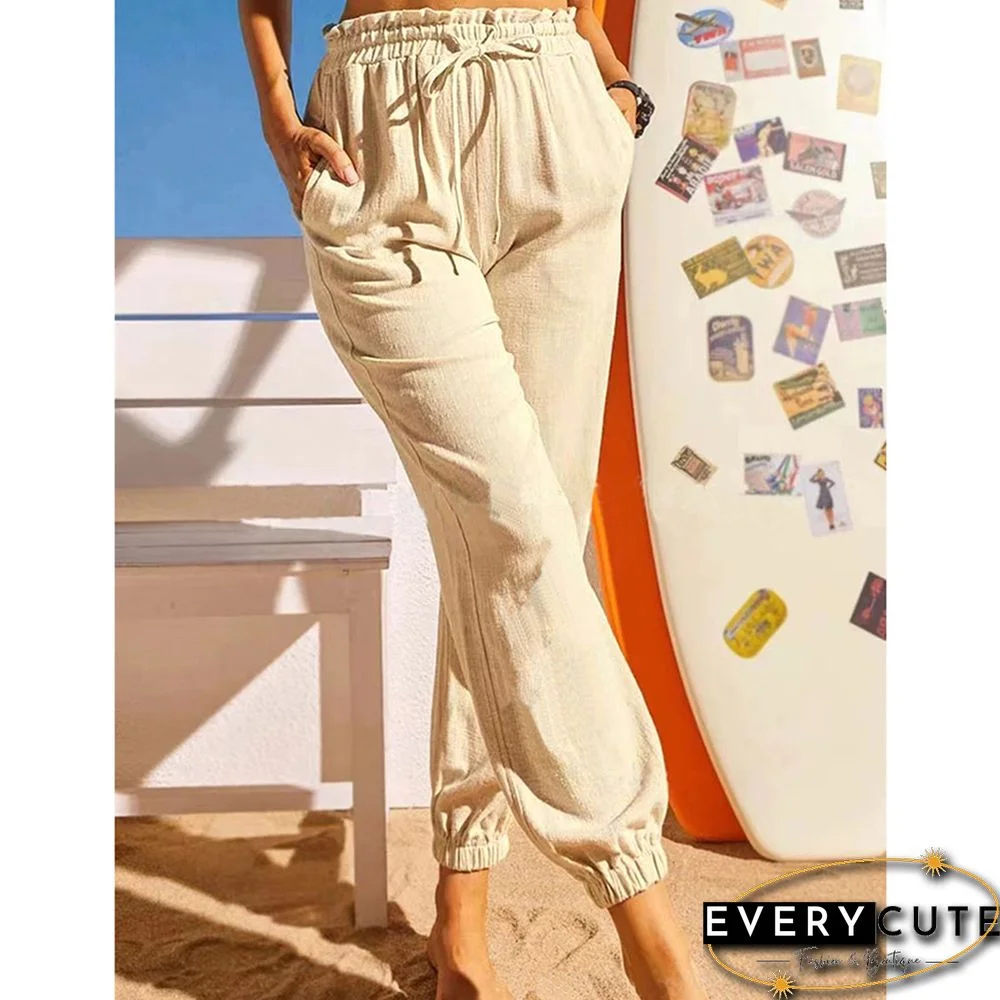Apricot Ruffled Elastic Waist Pocketed Casual Pants