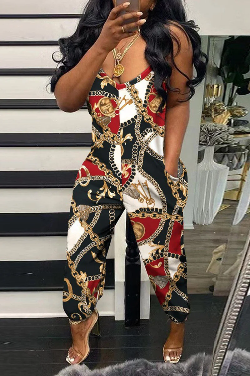 Casual Print Patchwork Spaghetti Strap Regular Jumpsuits