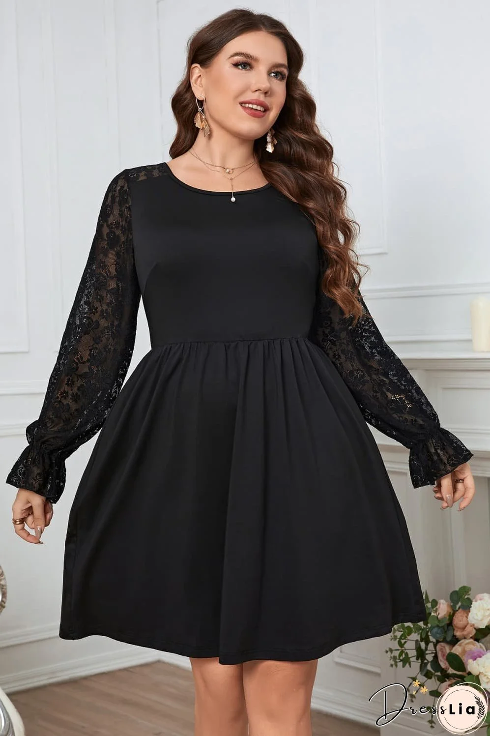 Melo Apparel Plus Size Lace Trim Round Neck Flounce Sleeve Dress
