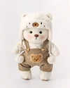 Getahug White Mink Hat Brown Overalls Bear | Handmade Jointed Teddy Bear Gift