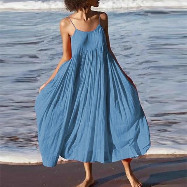 Sunshine Beach O Neck Beach Long Dress Summer Sexy Sleeveless Backless Party Dress Casual Plus Size Loose Women Boho Dress - VSMEE