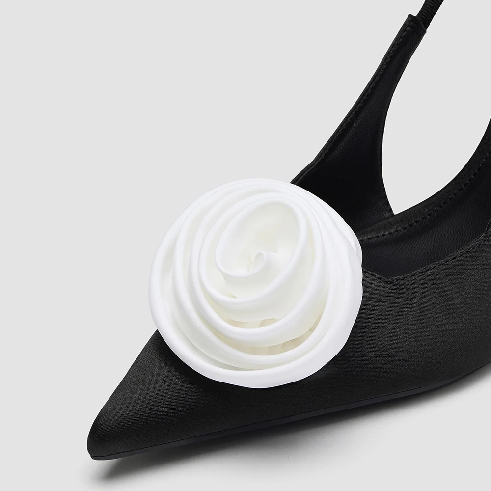 Satin Pointed Toe Rose Decor Stiletto Heel Black Pumps for Women