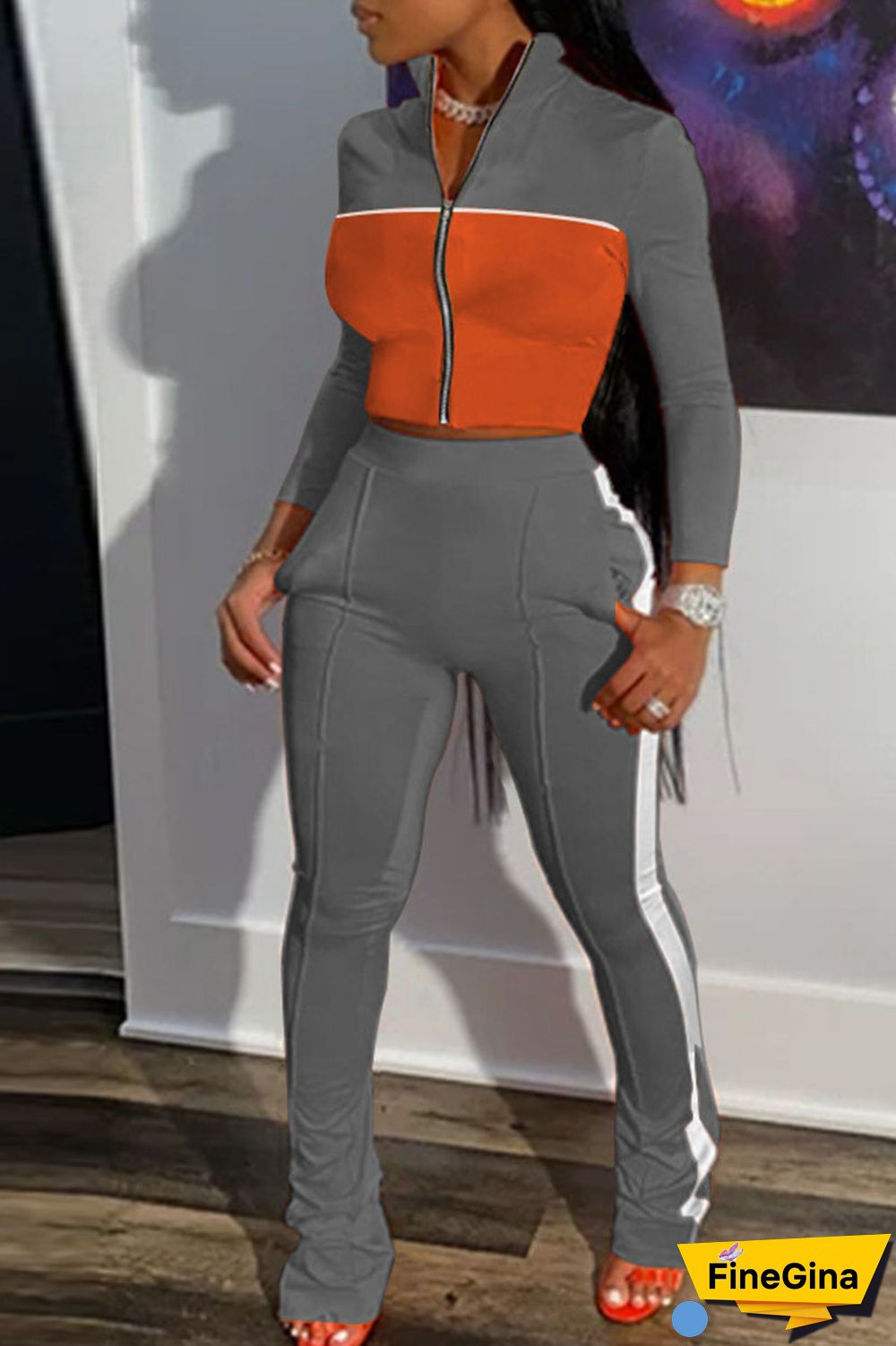 Grey Casual Sportswear Solid Patchwork Zipper Long Sleeve Two Pieces