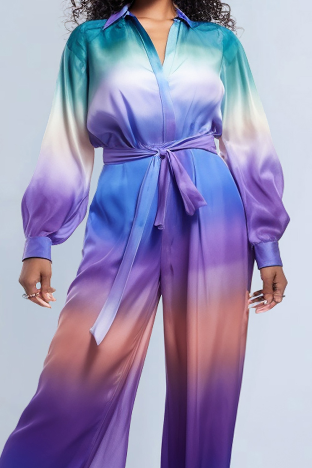 Design Plus Size Daily Purple Gradient Shirt Collar Long Sleeve Wrap Satin Jumpsuits [Pre-Order]