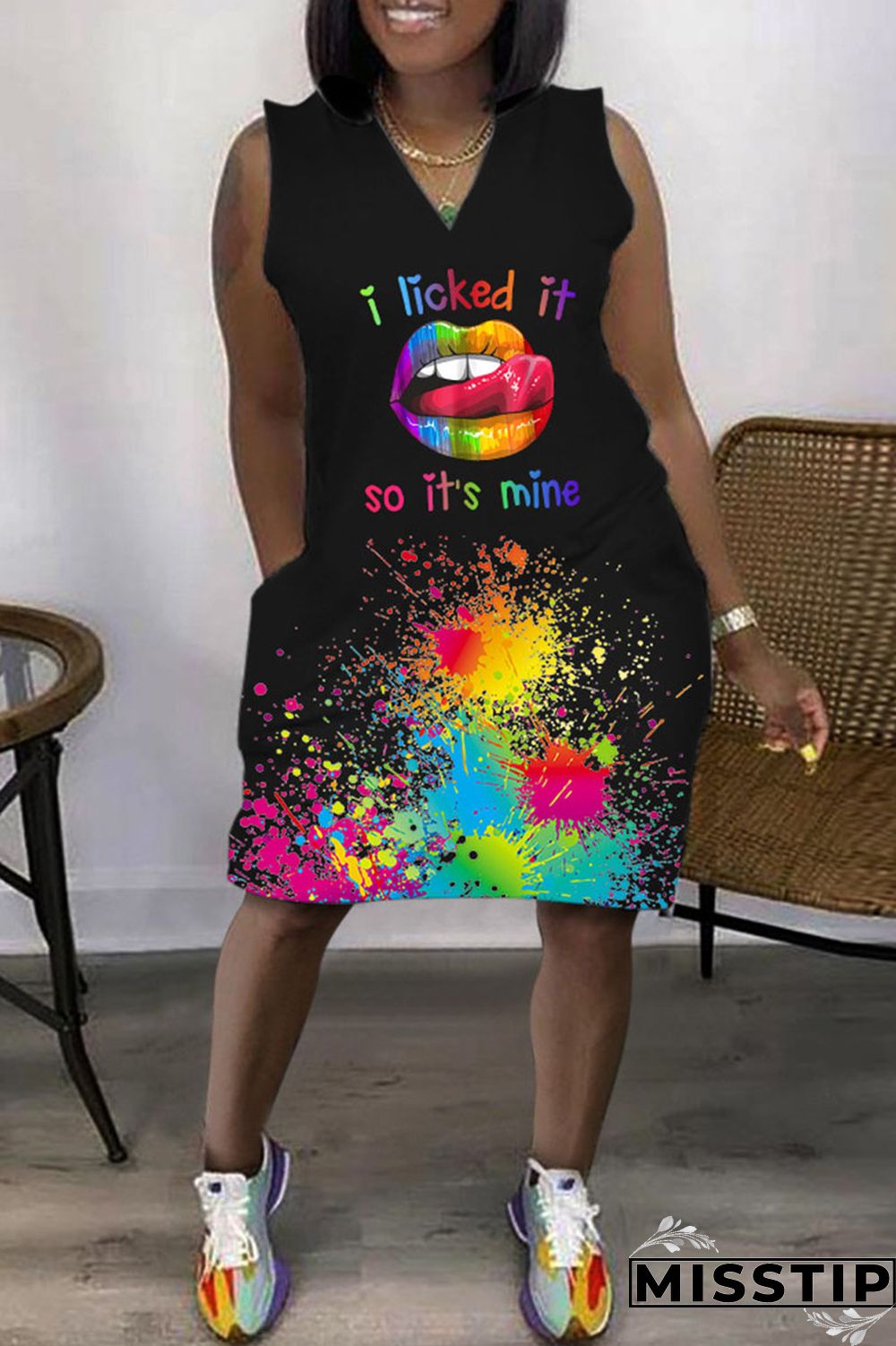 Cyan Casual Print Basic V Neck Sleeveless Dress Dresses