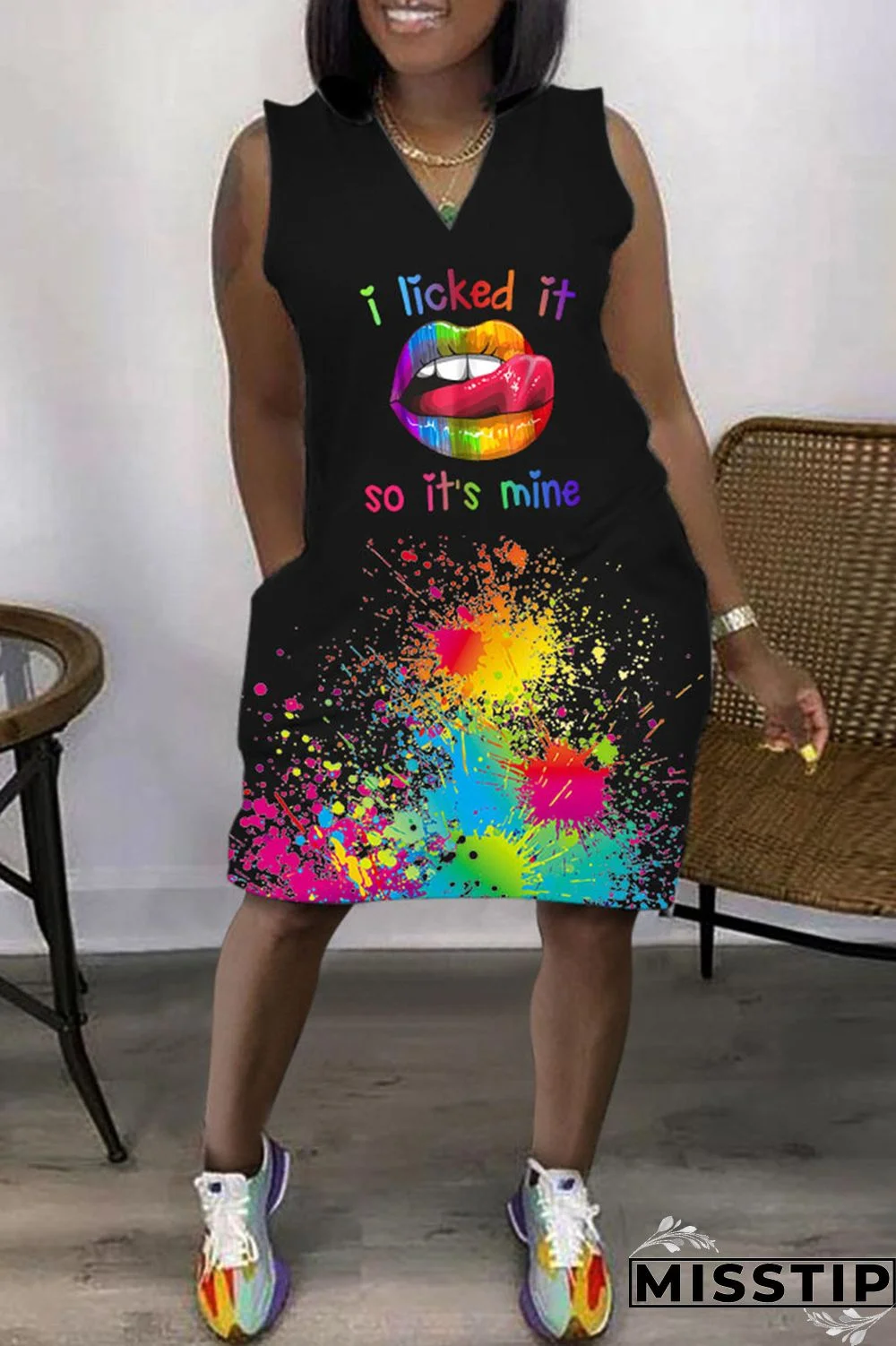 Cyan Casual Print Basic V Neck Sleeveless Dress Dresses