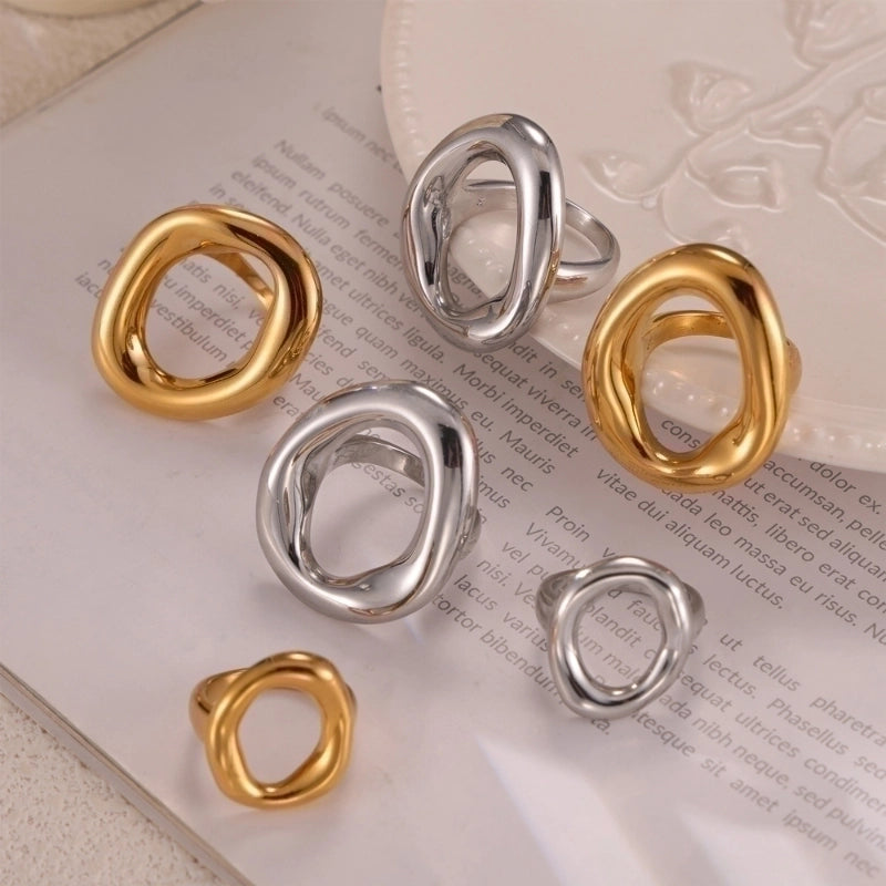 IG Style Minimalist Korean Style Oval 304 Stainless Steel 18K Gold Plated Hollow Out Rings