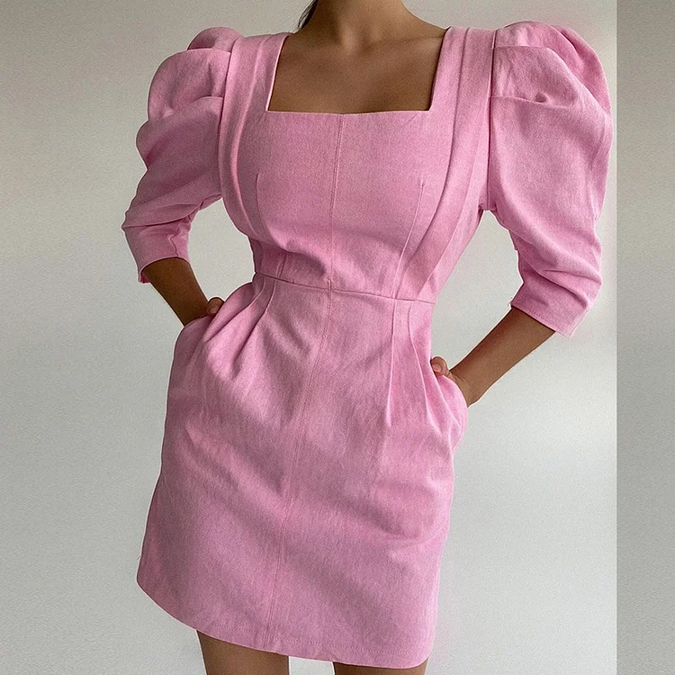 Elegant 3/4 Sleeve Solid Color Fashion Square Neck Linen Mini Dress