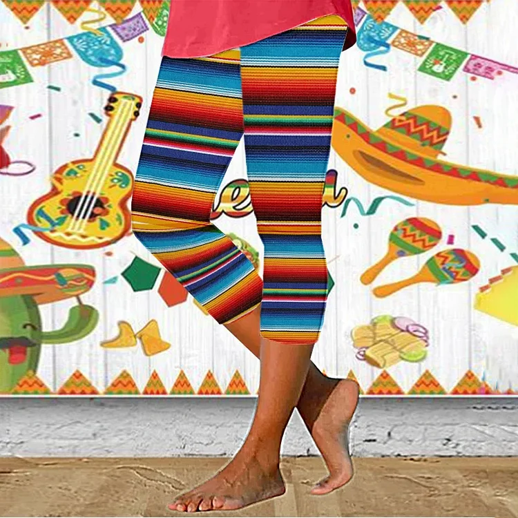 VChics Cinco De Mayo Print Color Block Casual Leggings