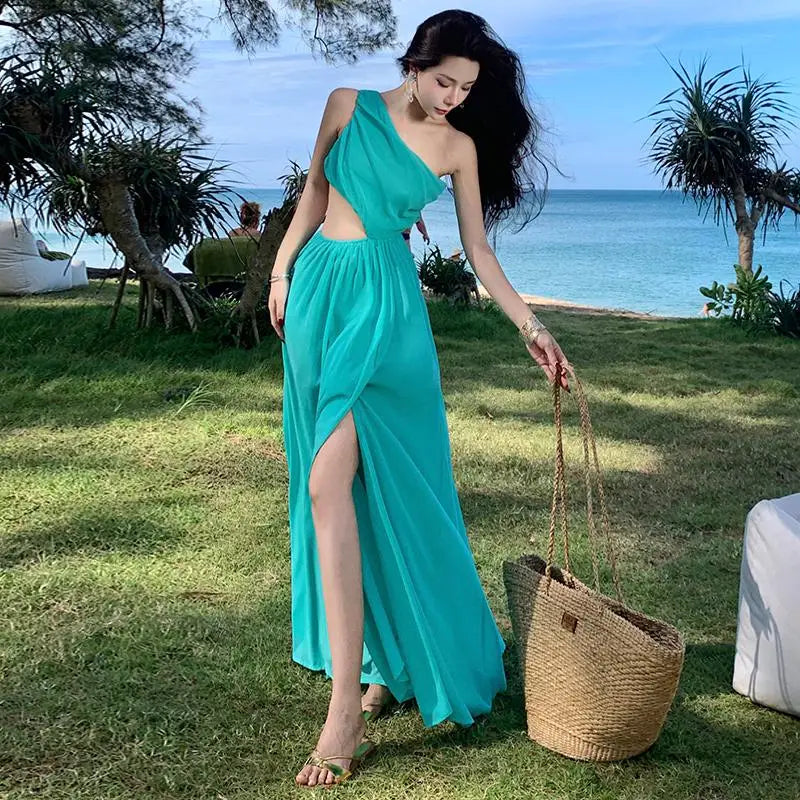 Aiertu Summer Blue Elegant Holiday Sexy Club Hollow Out Pleated Long Dress Women Diagonal Shoulder High Split Evening Party Dress 2024 Aiertu
