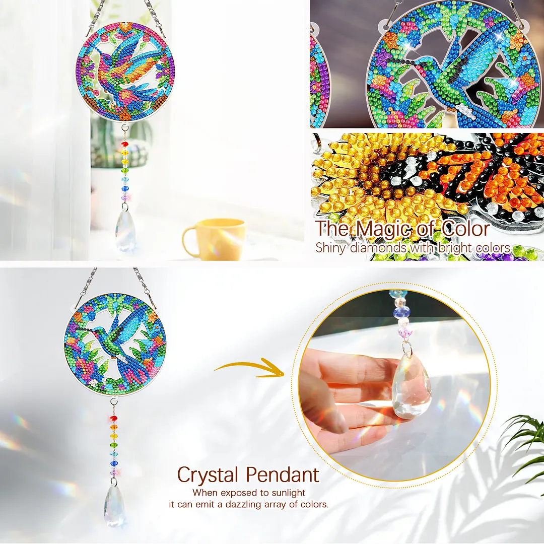 2Pcs Hummingbird DIY Acrylic Diamond Painting Art Wind Chimes with Crystal Pendant Diamond Art Hanging Pendant Double-Sided for Adults Beginners Gift Home Garden Decor