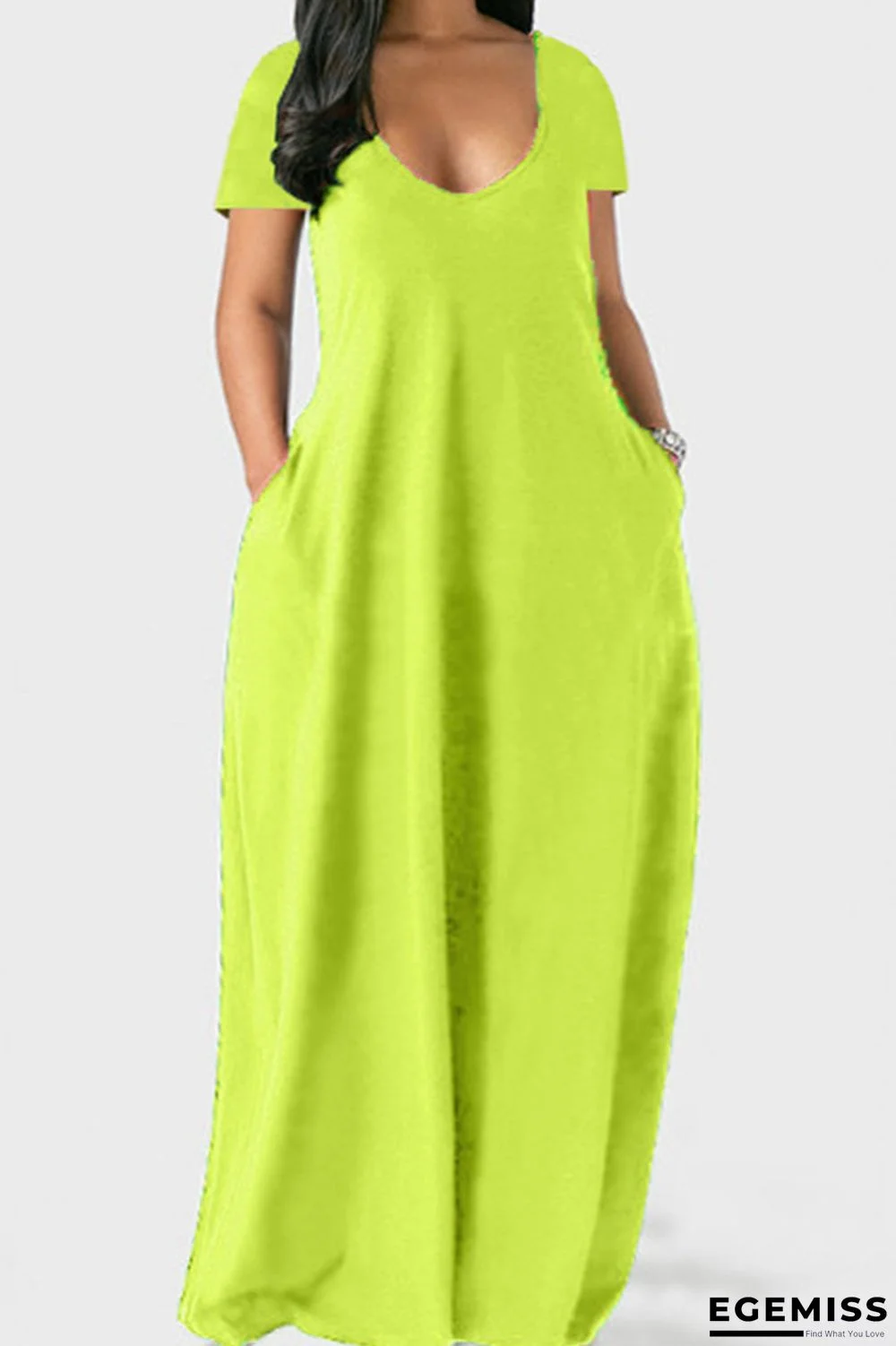 Fluorescent Green Casual Solid Patchwork Pocket V Neck Short Sleeve Dress Dresses | EGEMISS