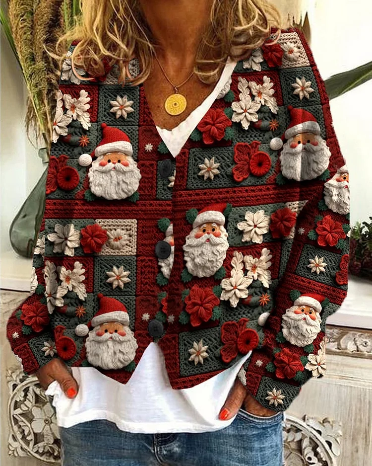 Women's Embroidered Christmas Print Casual Loose Button Flannel Cardigan