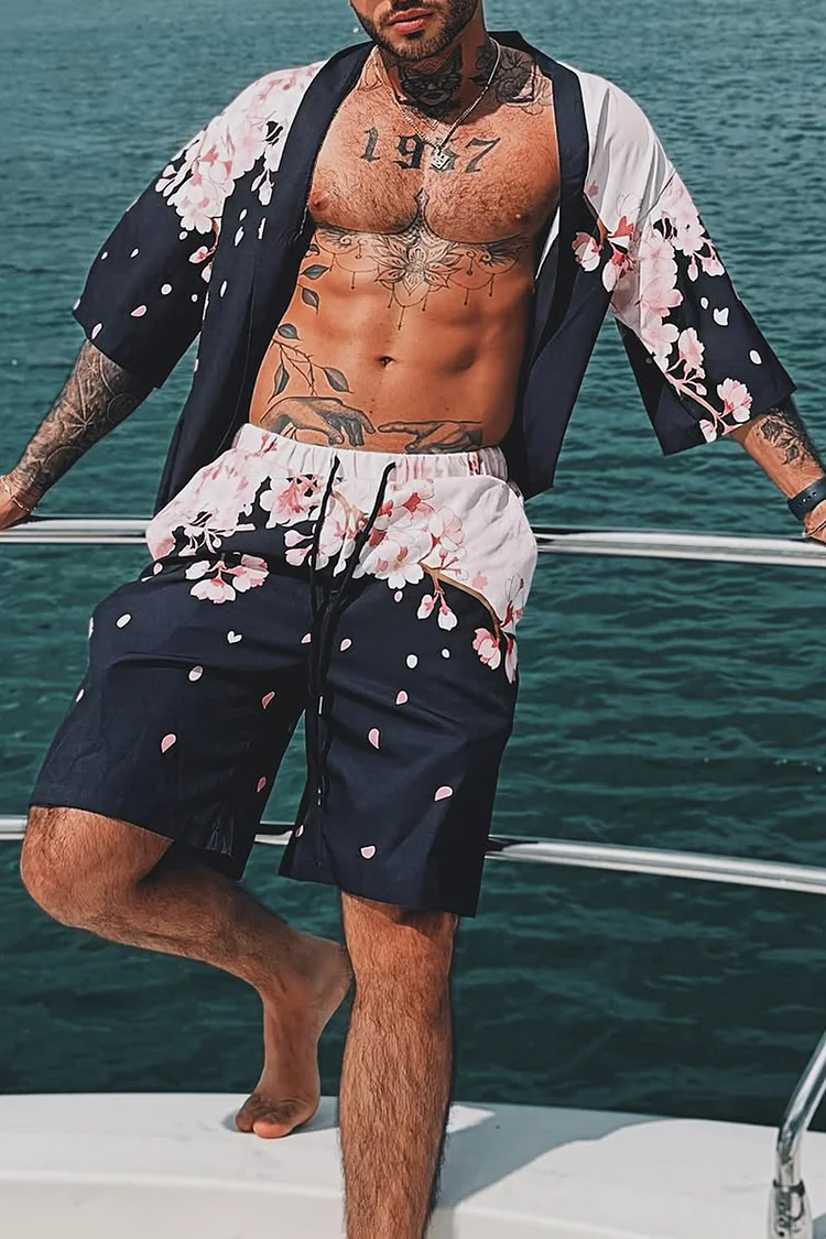 Men's Floral Print Kimono Bermuda Shorts Vacation Two Piece Set [Pre-Order]