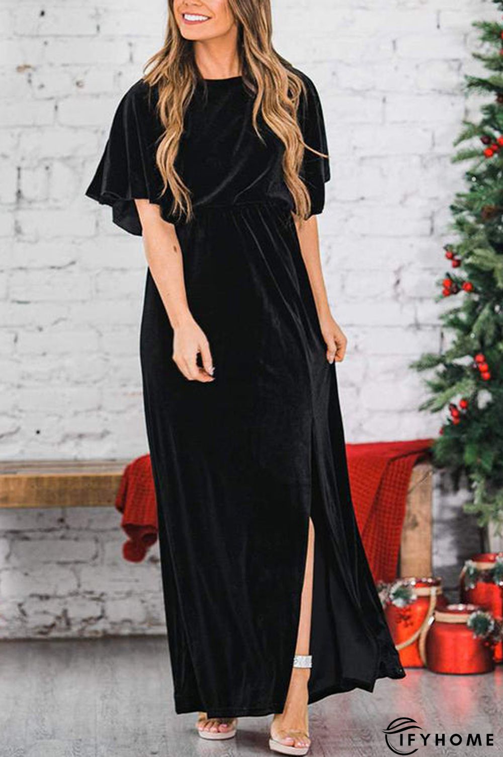 Velvet Wlastic Waist Slit Maxi Dress | IFYHOME