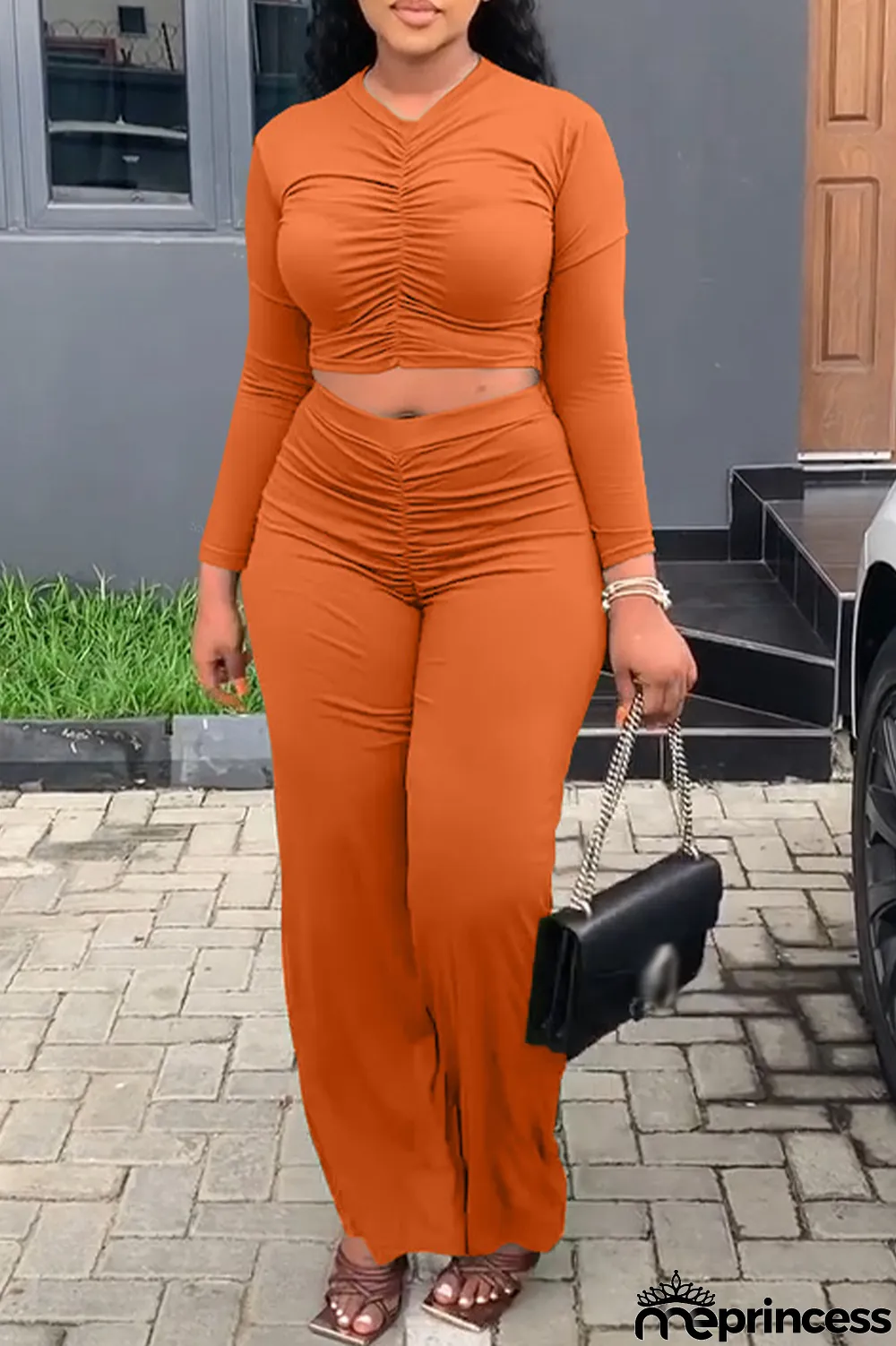 Orange Fashion Solid Fold V Neck Long Sleeve Two Pieces