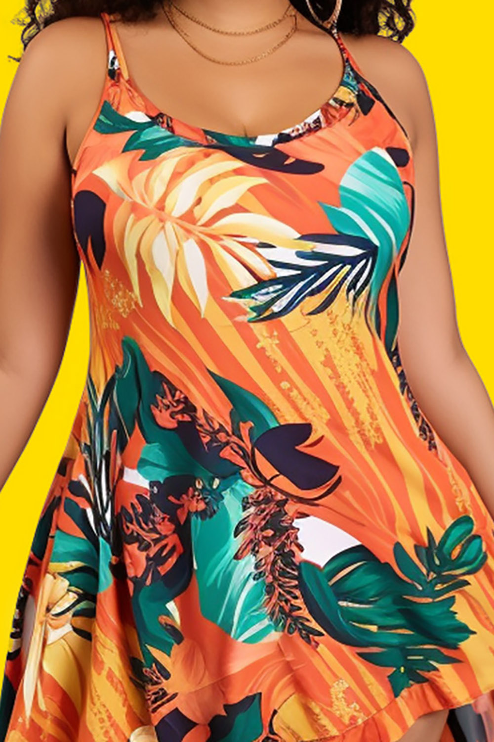Design Plus Size Beach Orange Floral Irregular Hem Swimsuit Fabric Swimwear Dress [Pre-Order]
