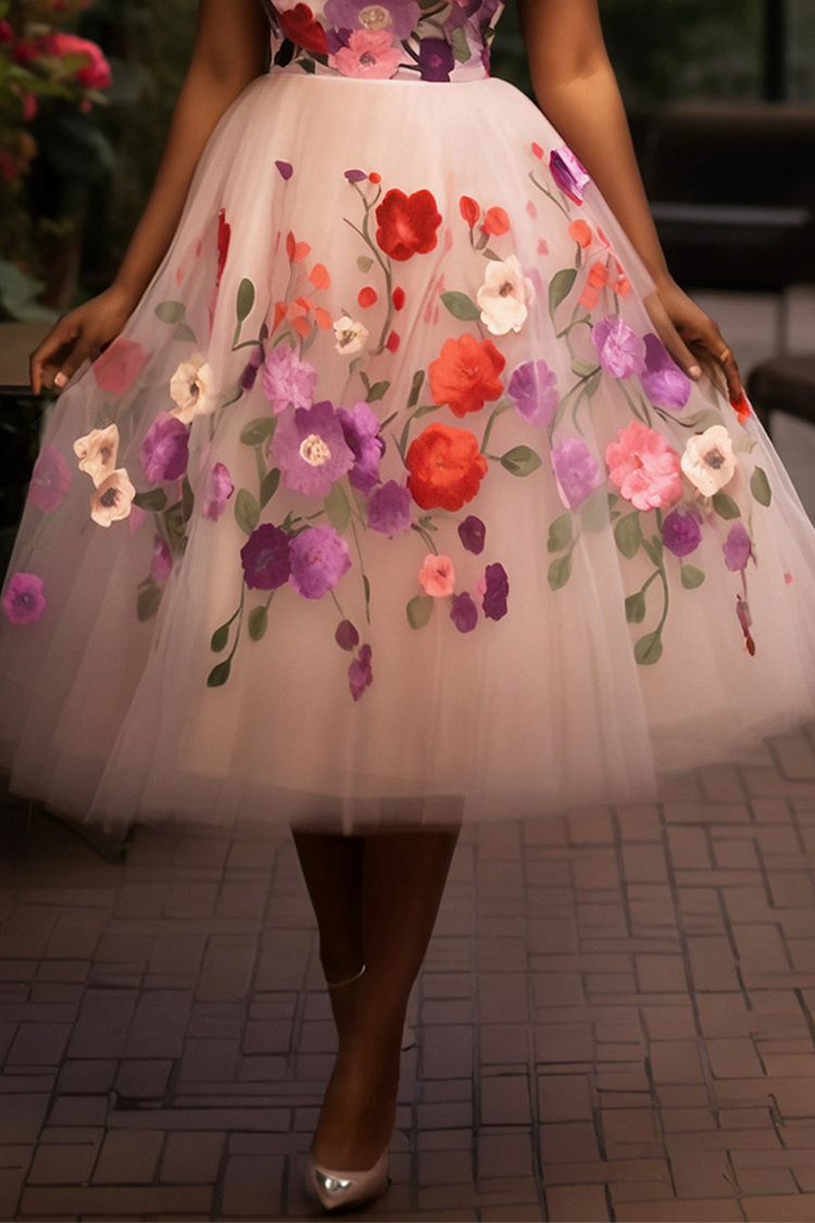 Xpluswear Design Plus Size Wedding Guest Pink Floral V Neck Puff Sleeve Short Sleeve Tulle Midi Dresses