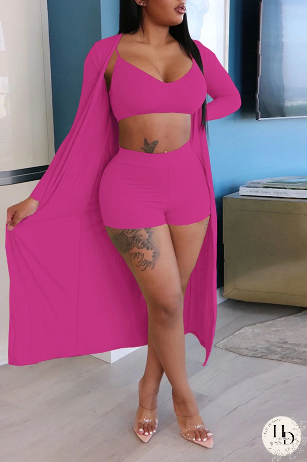 rose red Polyester Casual Solid backless pencil Long Sleeve Two Pieces