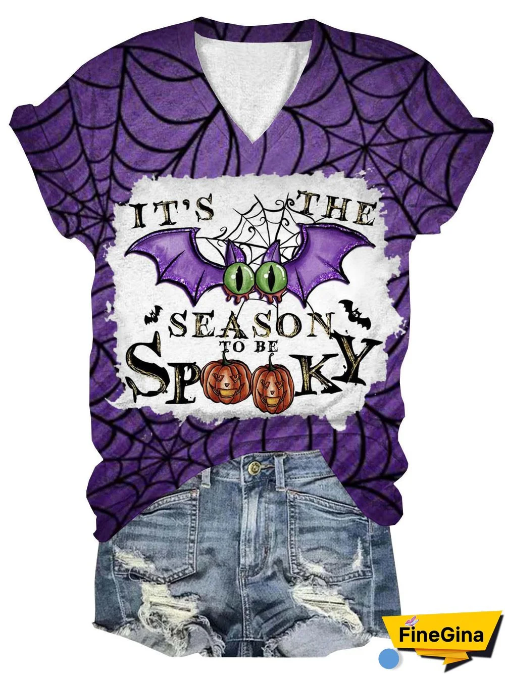 It's The Season To Be Spooky Bat Print V Neck T-Shirt
