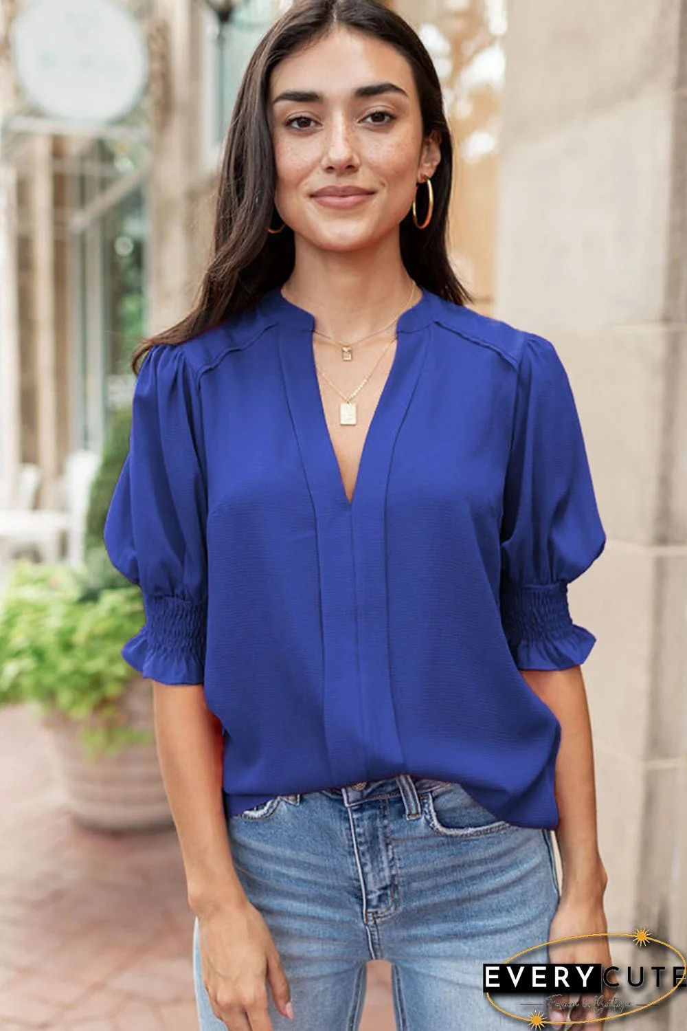 Blue Solid Color Half Sleeve V Neck Blouse