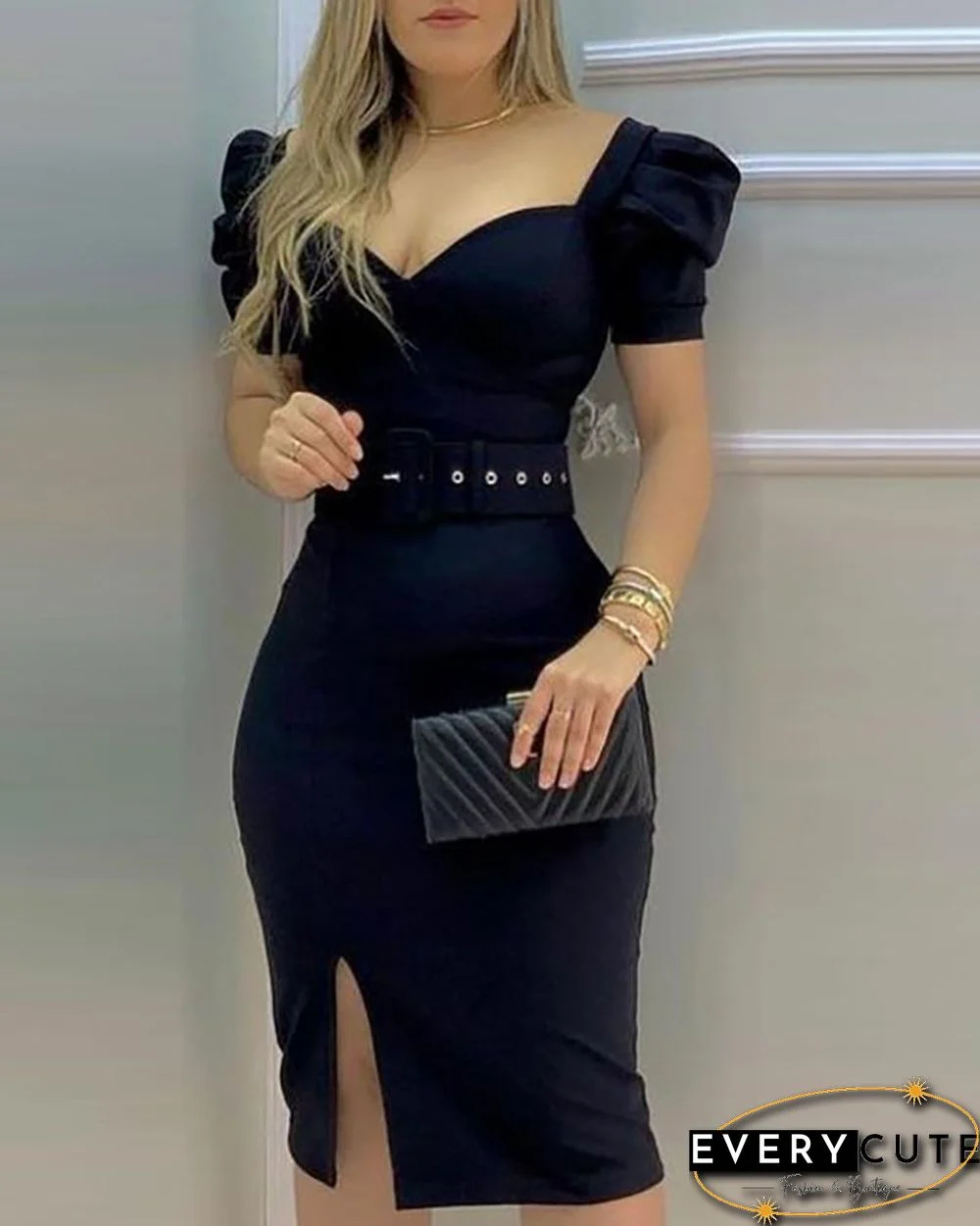 Puff Sleeve Slit Midi Dress P14305