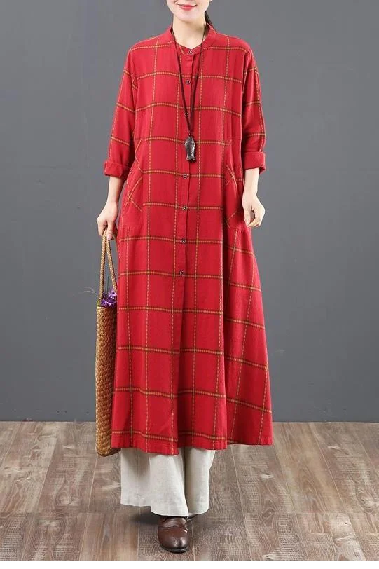 Chic A Linen Cotton Plaid Shirt Dresses