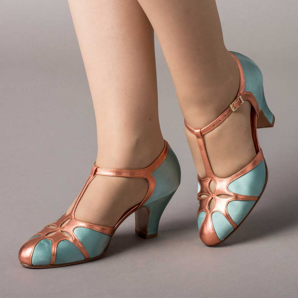 Blue & Copper Satin Round Toe T-Strap Spool Heel Pumps for Women
