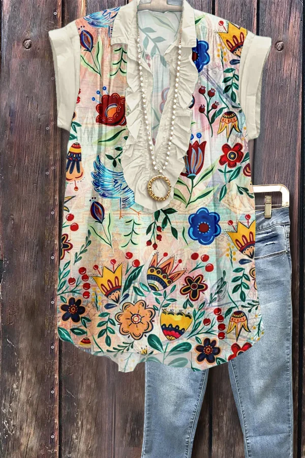 Chic Floral Print Ruffle Neck Top
