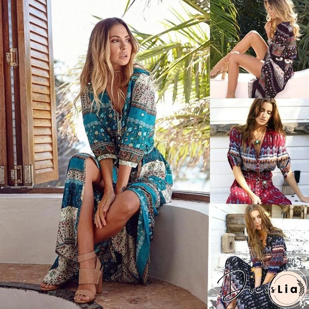 New Bohemian Printing Long Dress Women Maxi Long Dress Floral Print Retro Hippie Vestidos Clothing Boho Dress