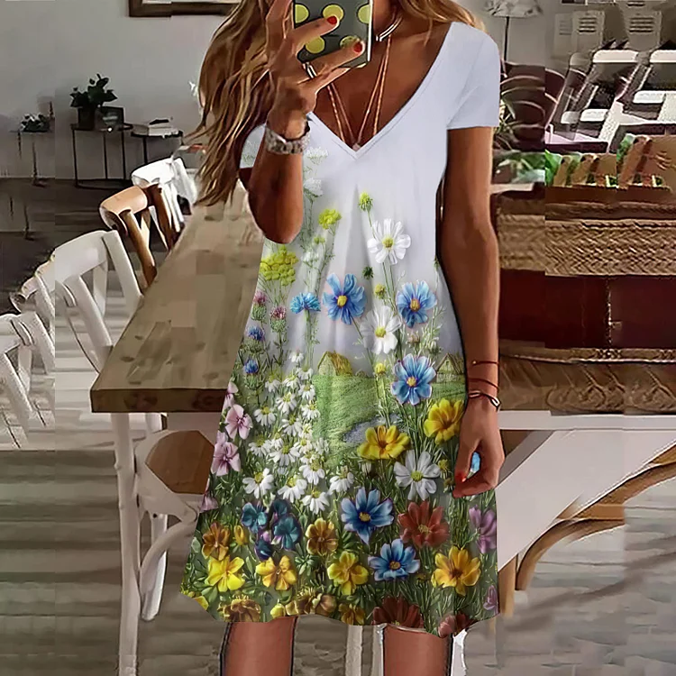 Floral Print V-Neck Short Sleeved Midi Dress