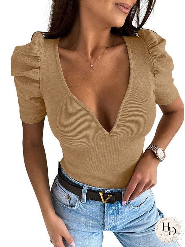 Stylish Women'S V-Neck Puff Sleeve Slim Fit T-Shirt With Short Sleeves