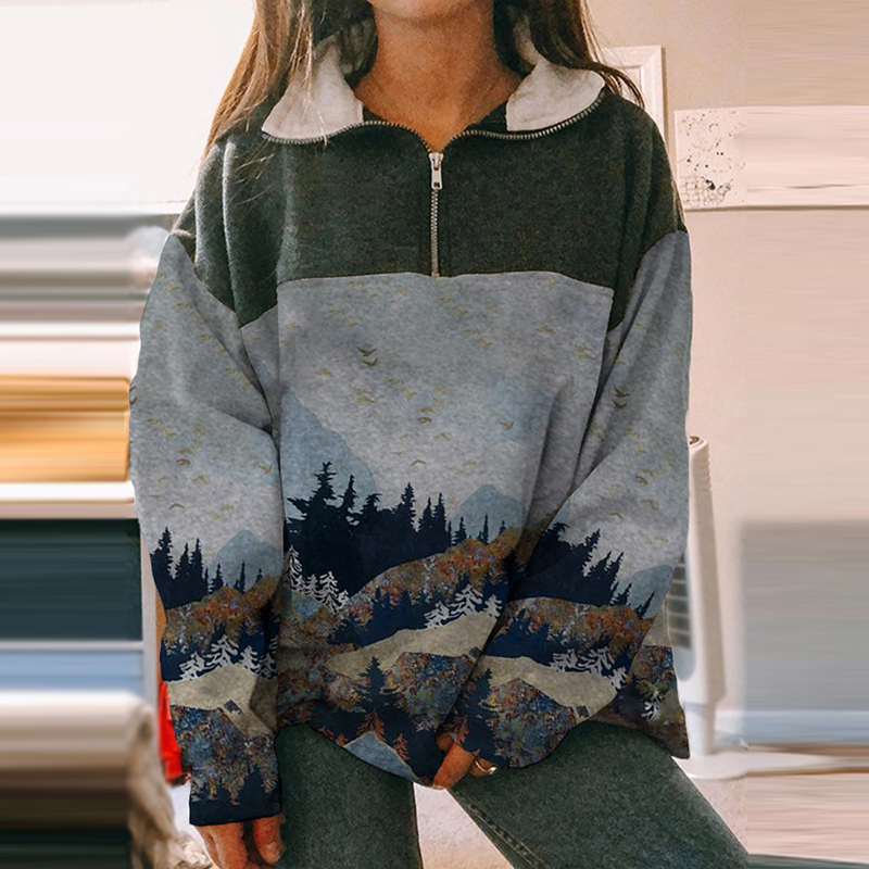 ladies mountain treetop print hooded sweatshirt