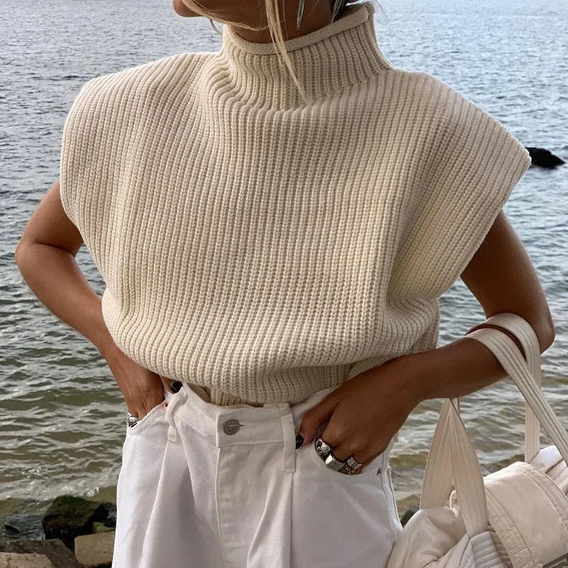Vest Sweater Turtleneck Sleeveless Women 2020 With Shoulder Pads Knitted Pullover Autumn Winter Jumper Casual Tops Fashion