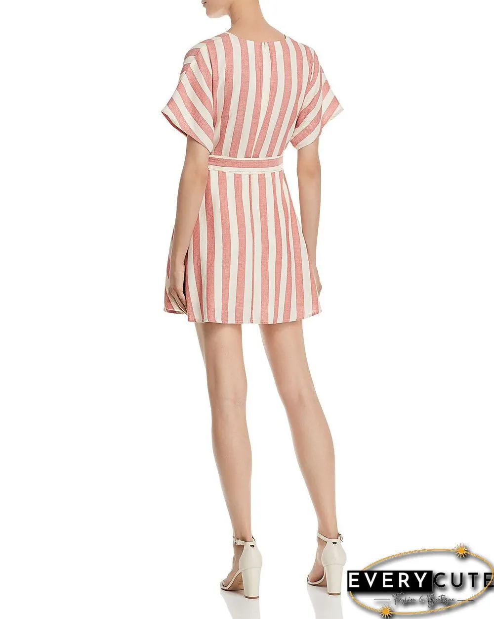Classic Casual Deep V Neck Tie Waist Vertical Striped Bodycon dress