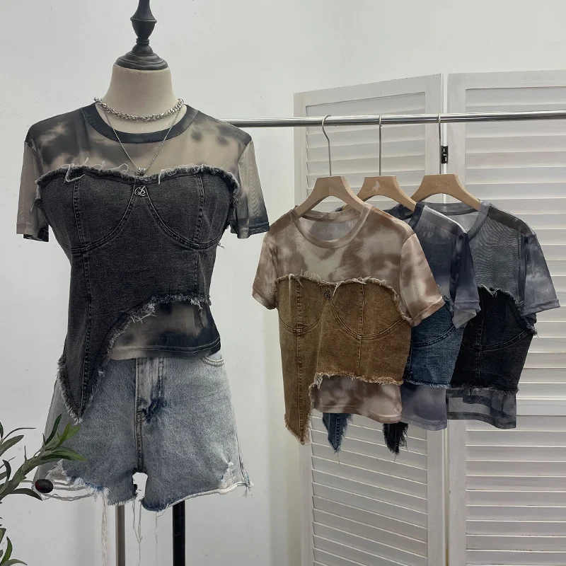 Uveng Real Shooting Of The Edge Of The Denim Splicing Tie Dye Mesh Repair Irregular Two Short-Sleeved Top T-Shirt 26171
