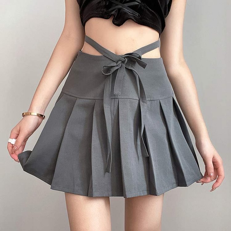 High Waist Lace Up Pleated Skirt - Modakawa modakawa