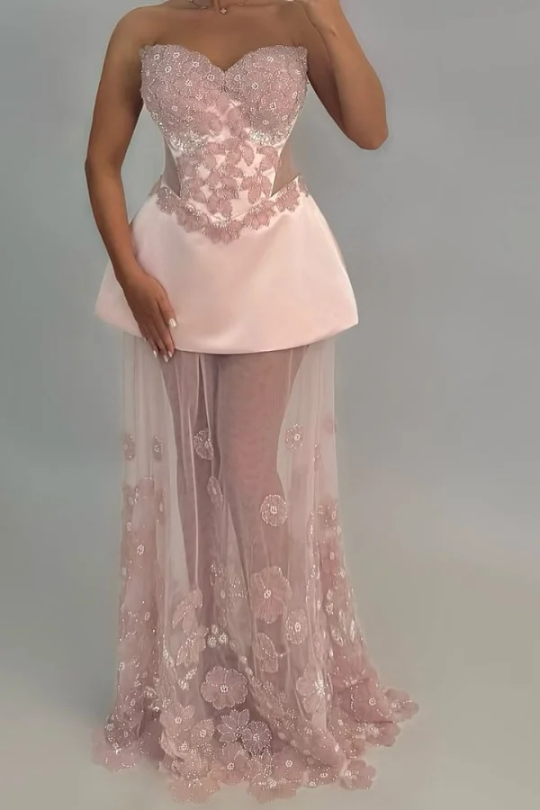 Miabel Elegant Pink Embroidery Beaded Sleeveless Sweetheart Long Prom Dress  