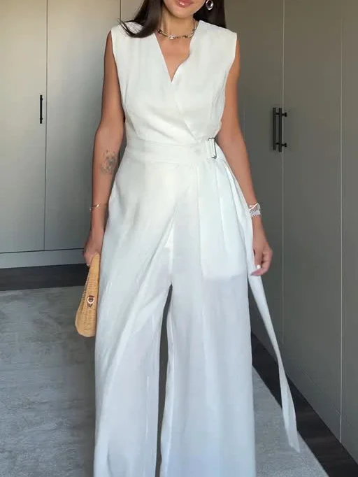 White Sleeveless V Neck Wrap Jumpsuit