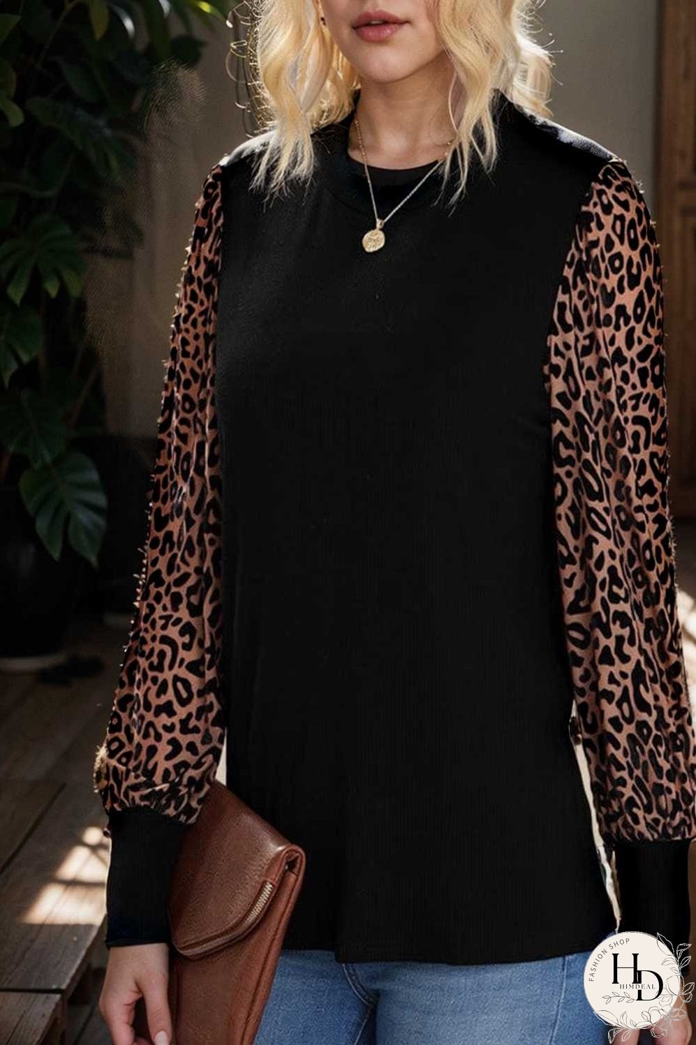 women s loose fit leopard print knit pullover with round neck and casual style top