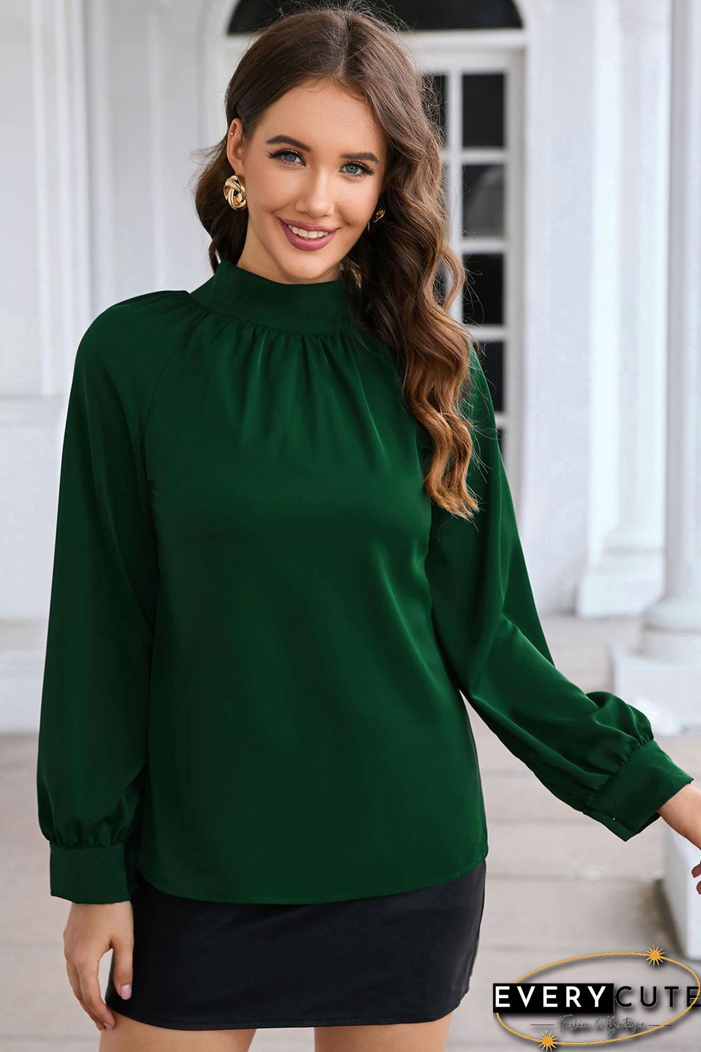 Green Cutout Back Ruched Mock Neck Blouse