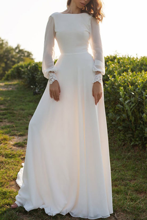  Bateau Long Sleeve Tulle Boho Wedding Dress A Line Open Back - ohprom
