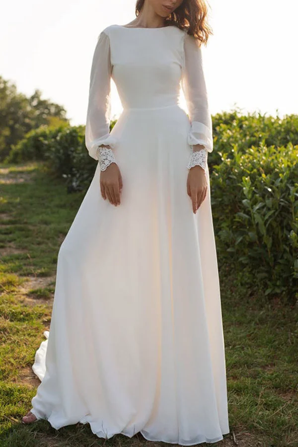 Miabel Tulle Bateau Long Sleeves Boho Wedding Dress A Line Open Back